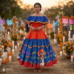 Mexican Dress Set Single Circle Skirt - Day Of The Dead & Noche De Muertos
